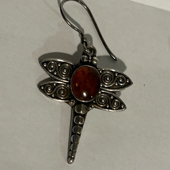 Dragonfly Silver and Amber Earrings - Picture 3 of 8